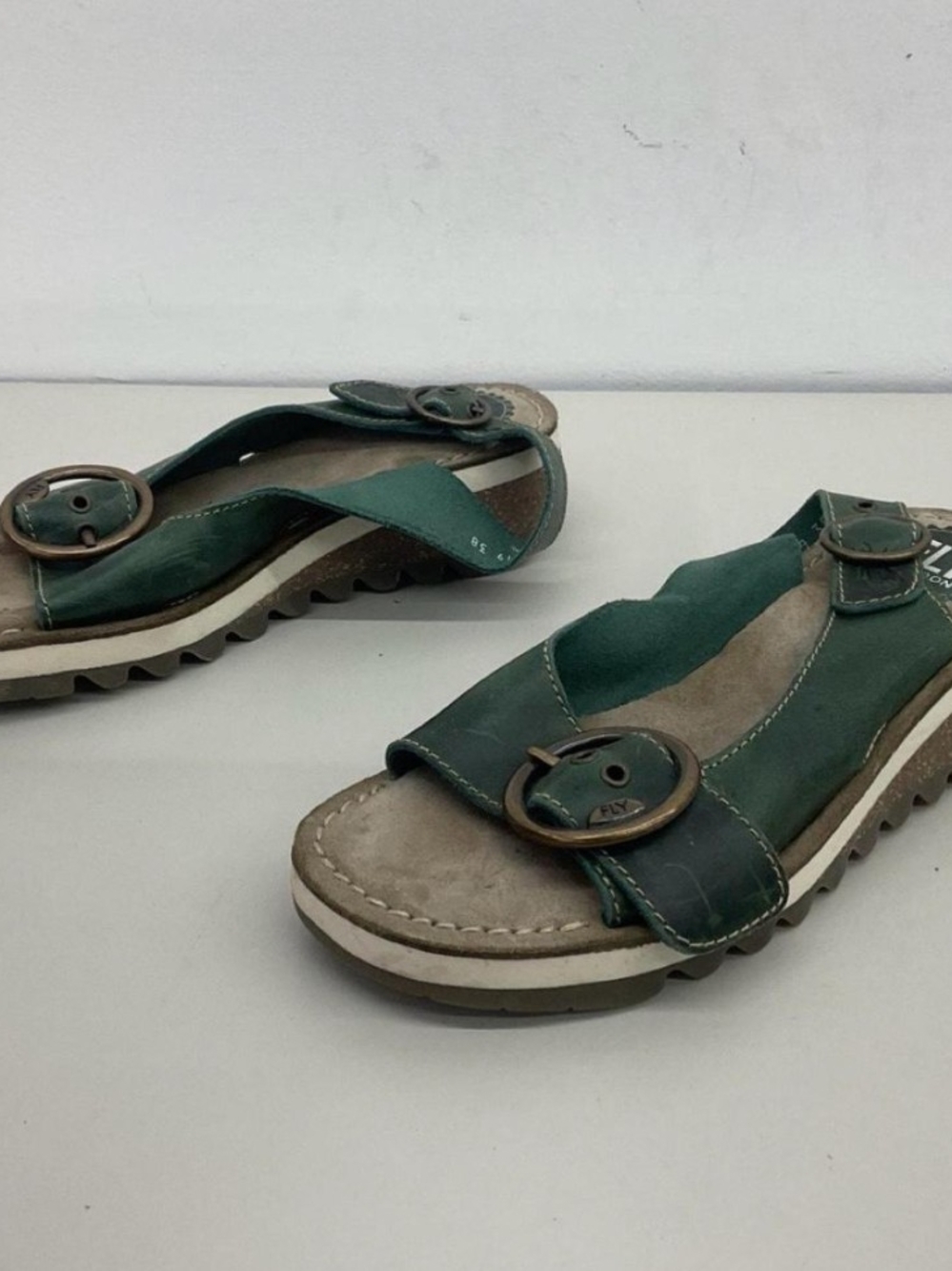 Fly London Green Leather Buckle Crossover Slide Sandals